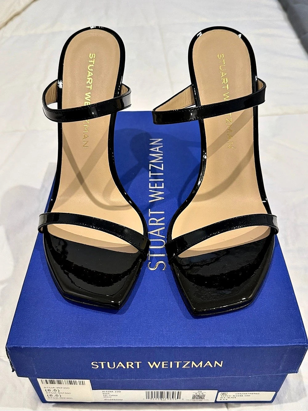 Stuart Weitzman Aleena 100 Patent Leather Strappy Heels in Black US 8.5